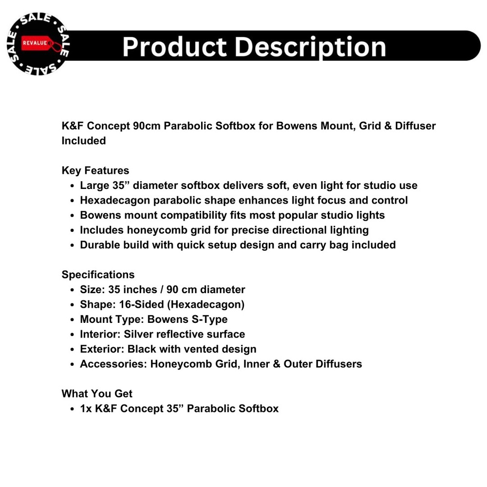 K&F Concept 90cm Parabolic Softbox for Bowens Mount, Grid & Diffuser Included - Picture 2 of 11